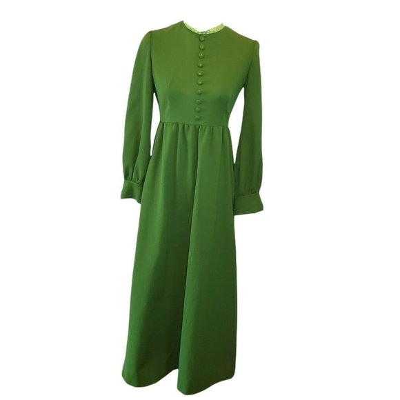 Vintage‎ 60s 70s Womens Small Empire Waist Dress Floor Length Kelly Green